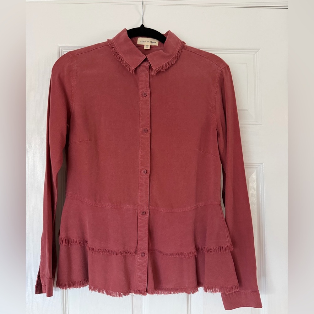 Anthropologie | Cloth & Stone Women's Button Down Red Shirt with Fringe, XS
